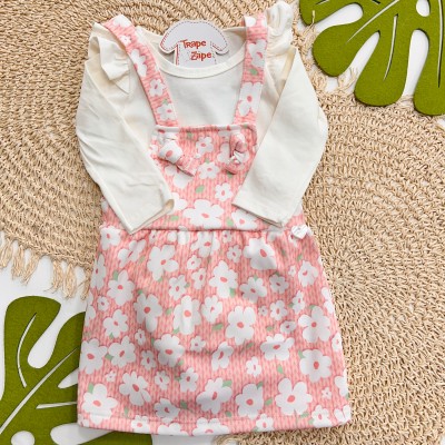 Conjunto Body com Babadinhos e Salopete Estampada - Coral 